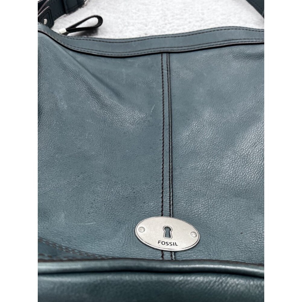 Women's Fossil Teal Leather Slouchy Hobo Shoulder Bag Silver Tone Hardware - Picture 5 of 14